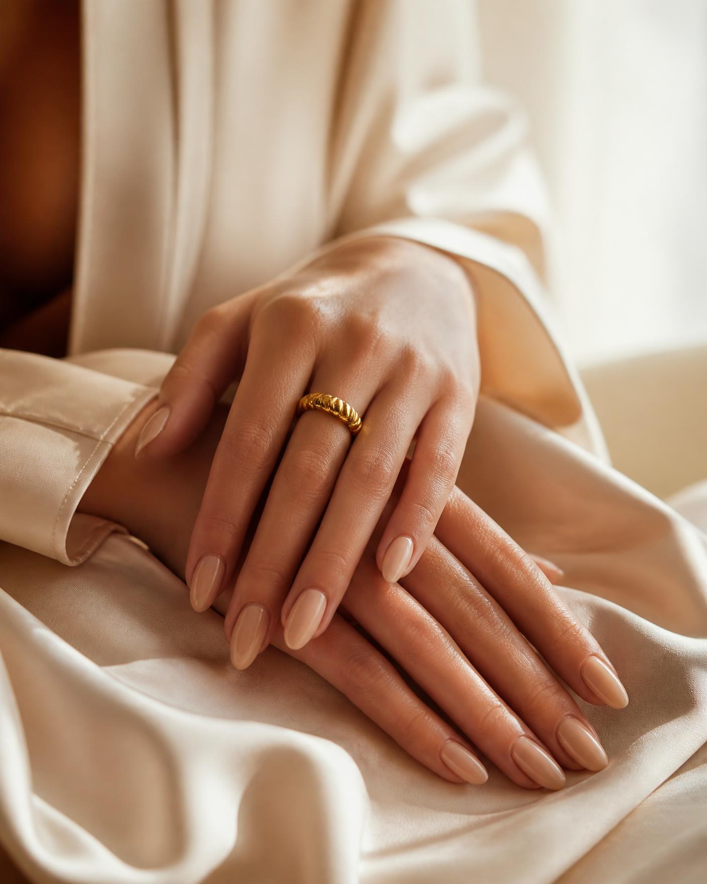 Manucure amande nude réalisée chez Taï'Nails Montréal