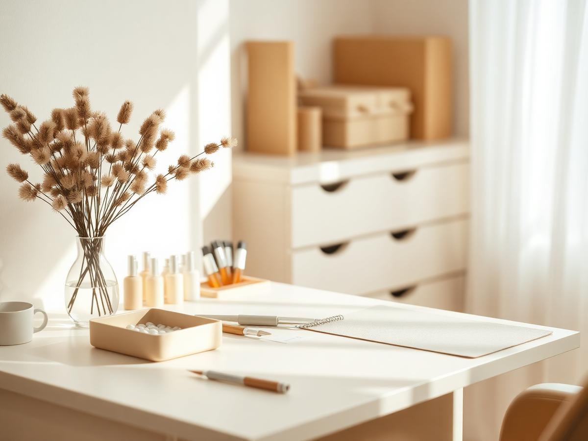 Poste de travail du studio Taï'Nails, tons crème et lumière naturelle